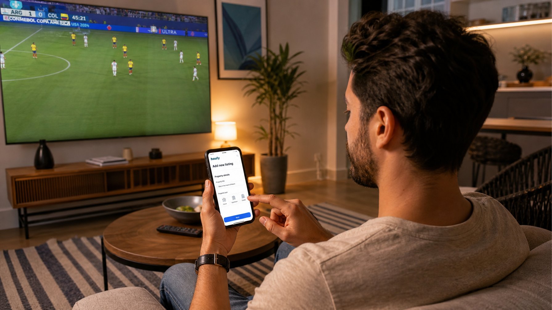 Vacation rental host setting up a direct booking listing on smartphone, Copa América 2026 match playing on TV in background