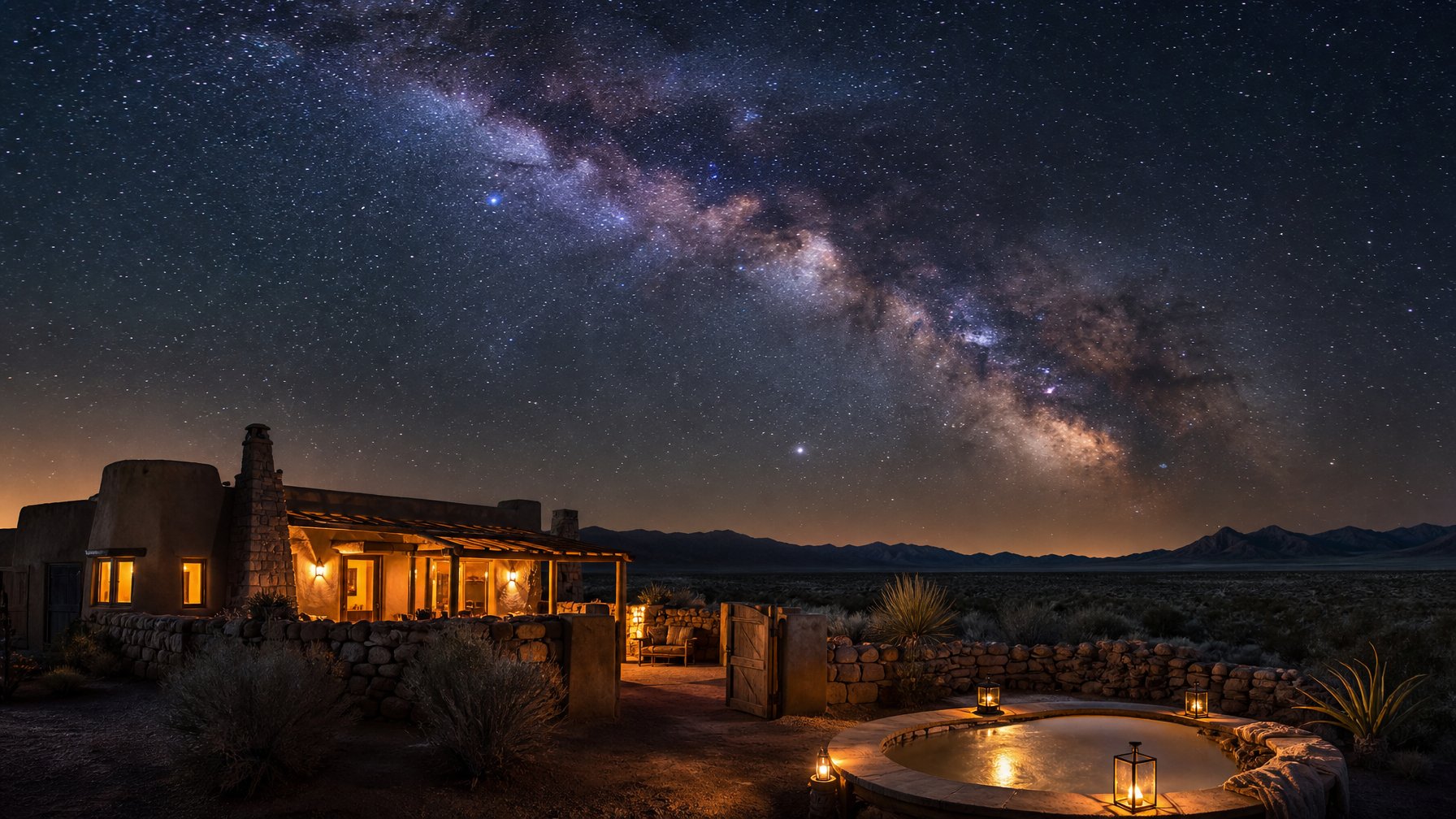 West Texas vacation rental at night under the Milky Way, glowing outdoor soaking tub in the foreground, vast Chihuahuan desert stretching to distant mountains