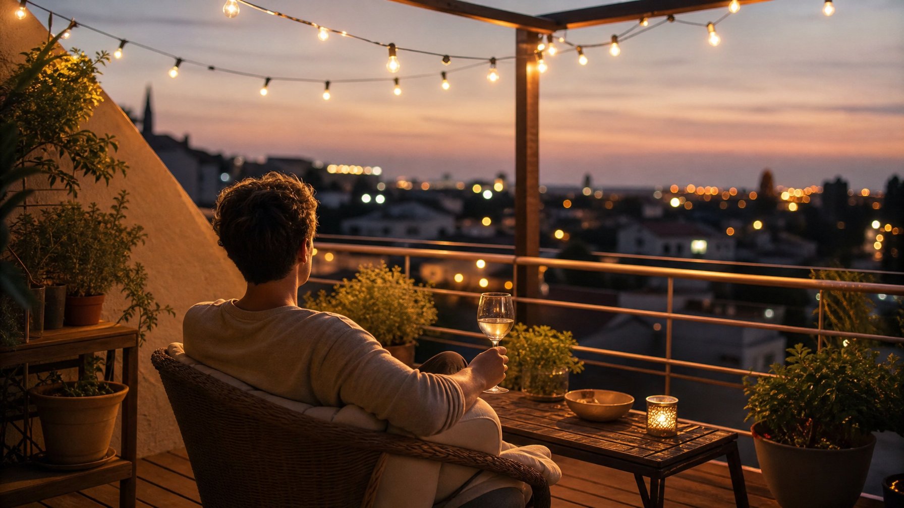 A solo traveler relaxing on a private vacation rental terrace in the evening with a glass of wine, illustrating the private retreat appeal of solo accommodation