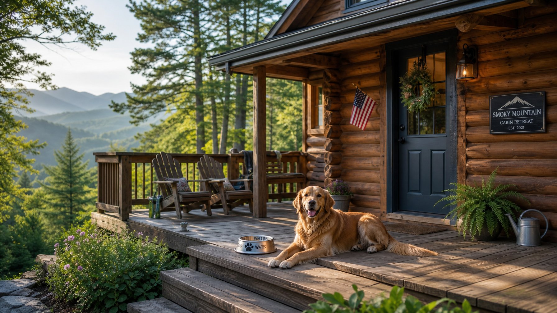 Dog-friendly log cabin in the Smoky Mountains with a water bowl on the deck, golden retriever resting on the steps, and a small American flag by the front door