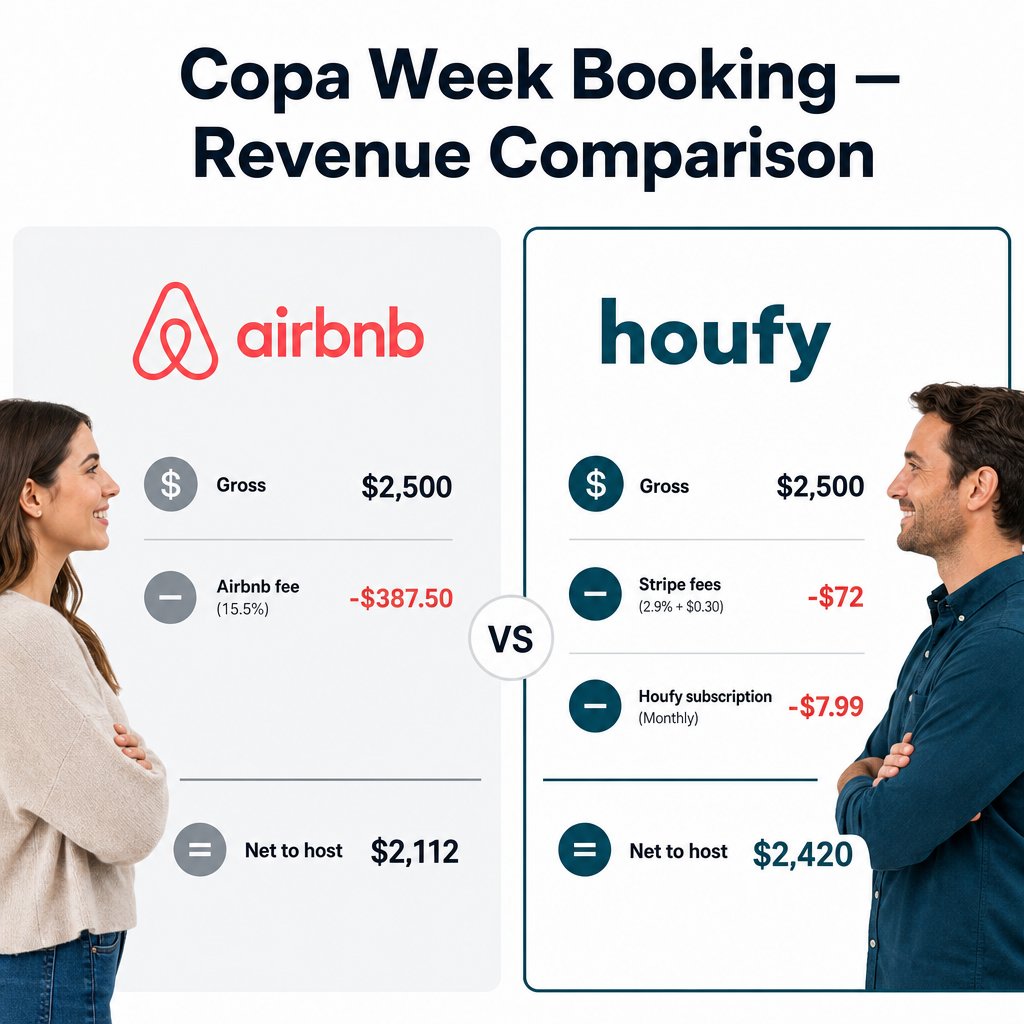 Split-screen infographic comparing Copa week booking revenue: Airbnb nets host $2,112 after platform fee, Houfy direct booking nets host $2,420 after Stripe fees