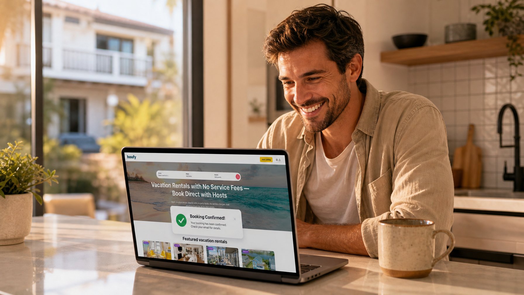 Smiling host at a bright kitchen with a Booking Confirmed notification on their Houfy direct booking website, vacation rental property visible in background
