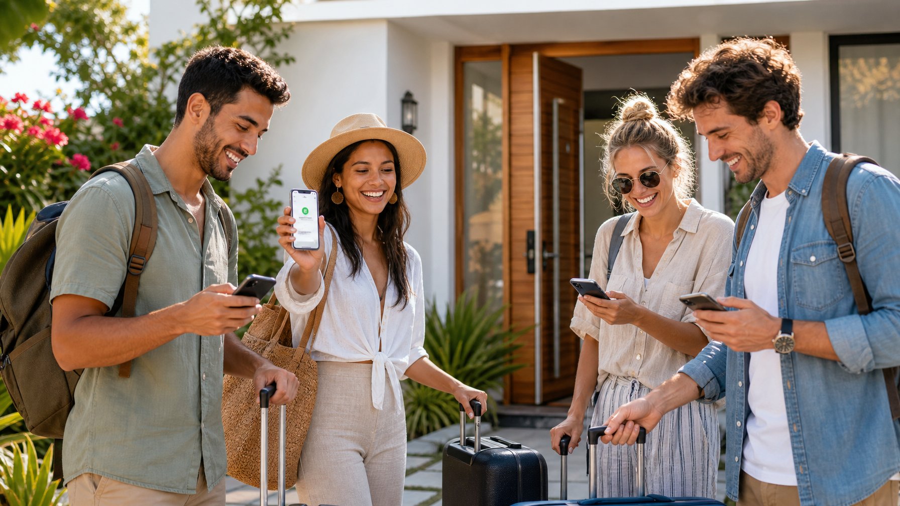 International travelers arriving at a vacation rental property with luggage, one holding up a smartphone showing a WhatsApp notification from the host.