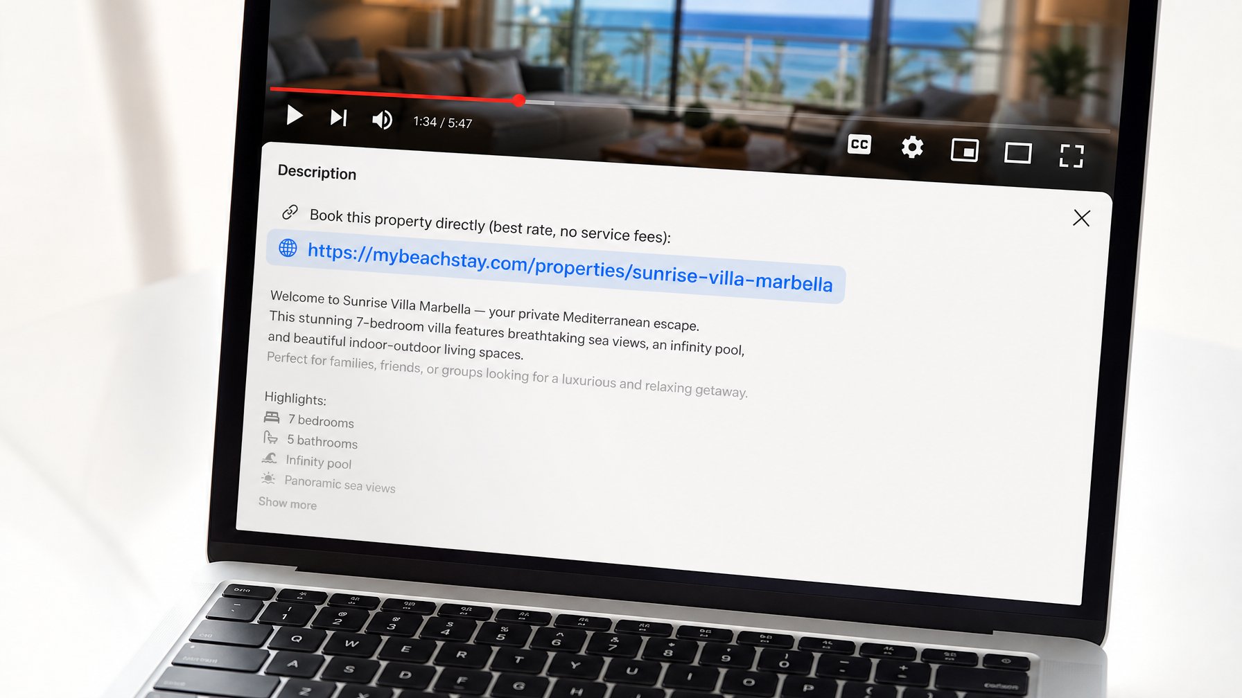 Laptop showing a YouTube vacation rental property tour description with a direct booking link highlighted at the top of the description box — book fee-free on Houfy