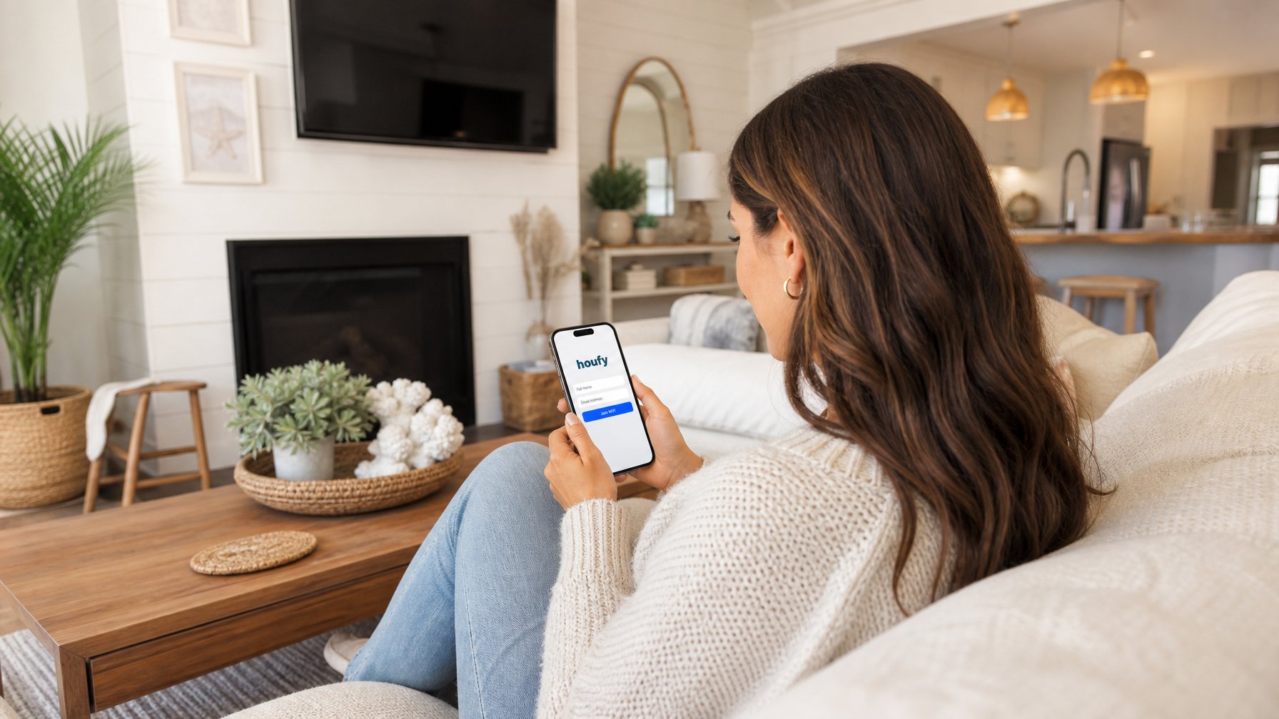 Vacation rental guest entering her name and email on a WiFi splash page to join the host's repeat guest list