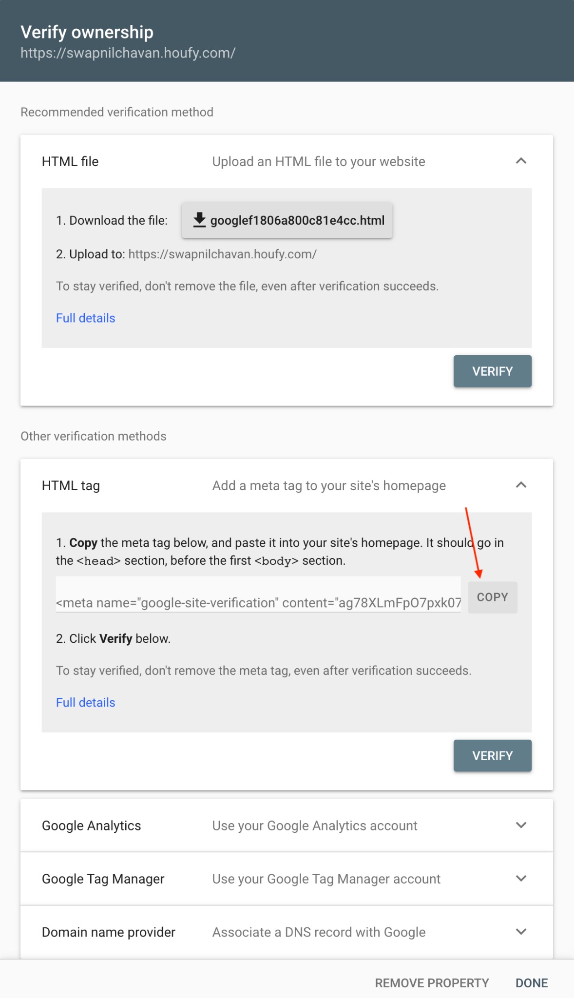 Domain verification at Google Search Console with Houfy website builder