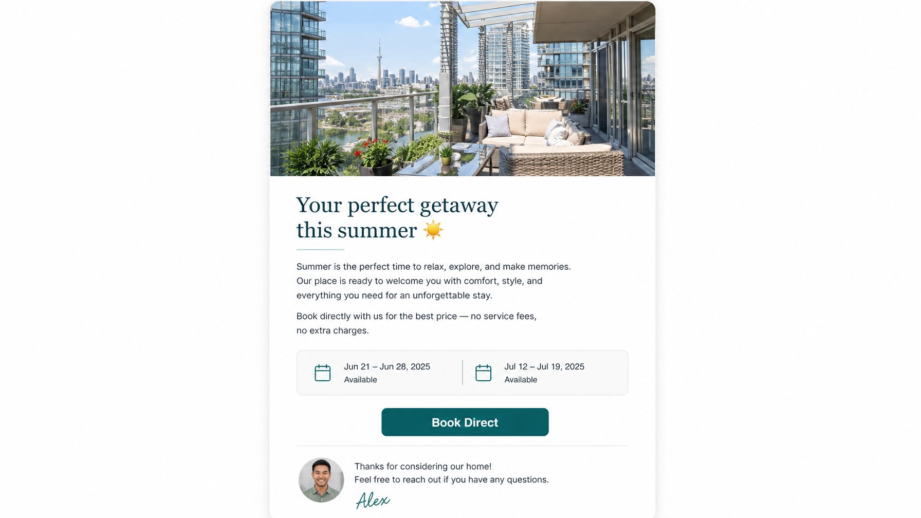 Vacation rental email newsletter template layout with property photo header and book direct CTA button