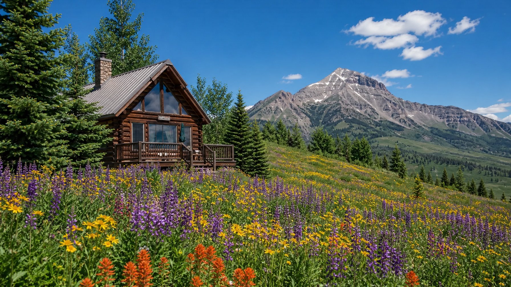 Crested Butte Colorado vacation rental surrounded by wildflower meadow in full peak bloom, purple and yellow flowers blanketing the hillside, Gothic Mountain and blue summer sky in background — Crested Butte vacation rental July