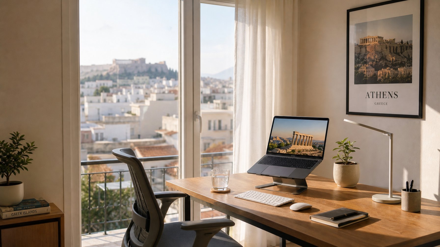 Dedicated workspace desk setup in a nomad-ready vacation rental in Athens Greece with ergonomic chair and natural light for remote work travel