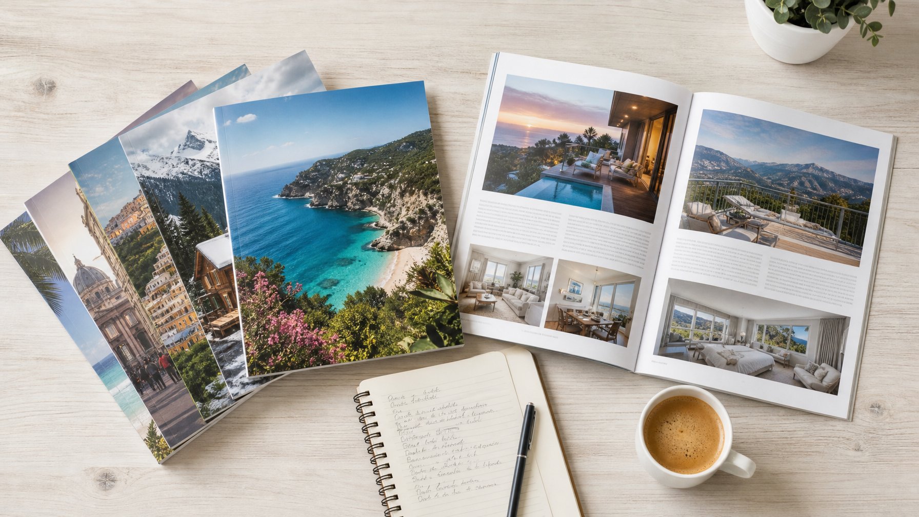 Travel magazines and a printed 'best vacation rentals' article spread on a desk — identify the right publications to pitch your vacation rental for press coverage