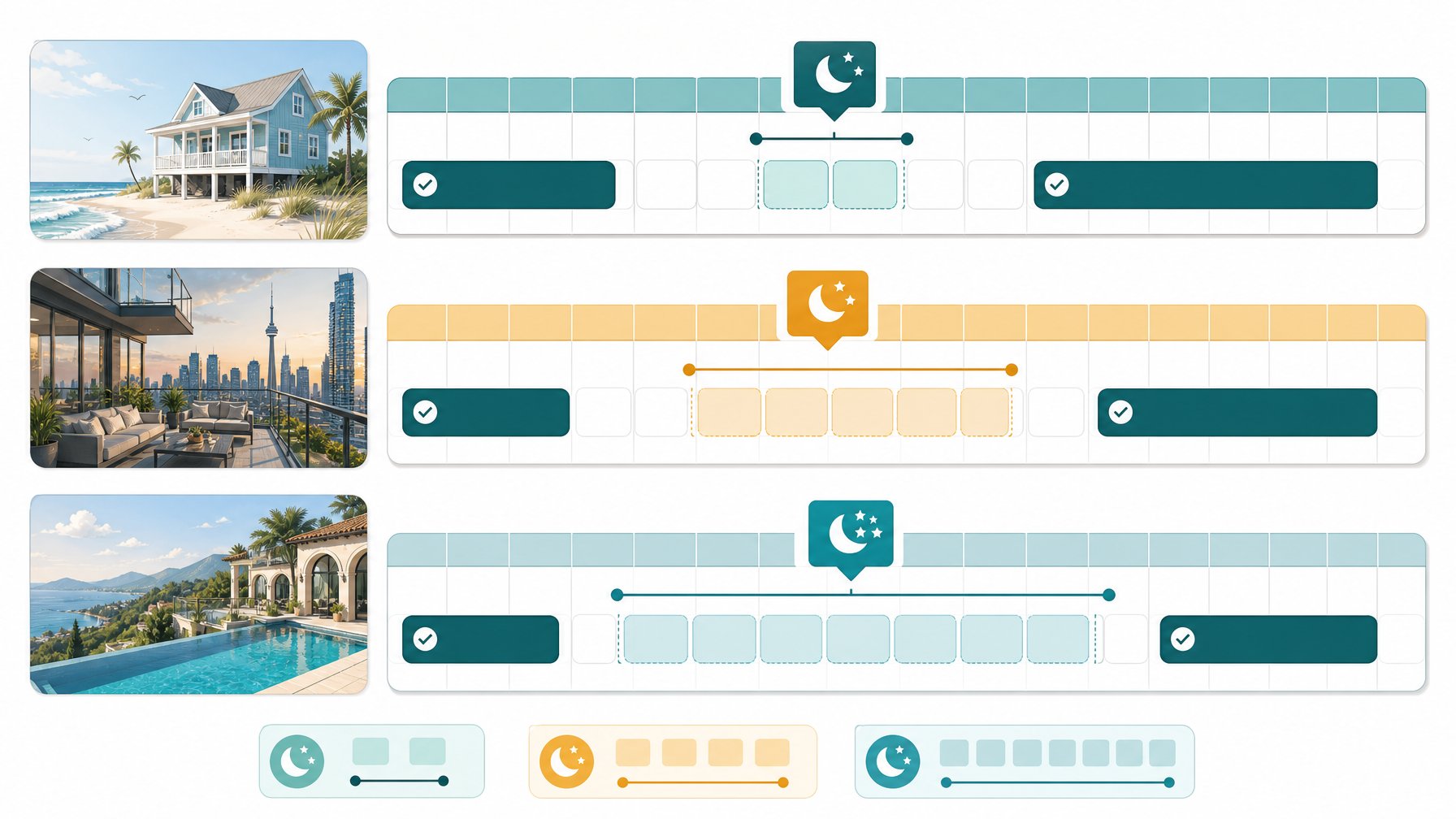Vacation rental booking calendar showing gap nights highlighted between confirmed reservations — visual strategy for filling last-minute vacation rental availability