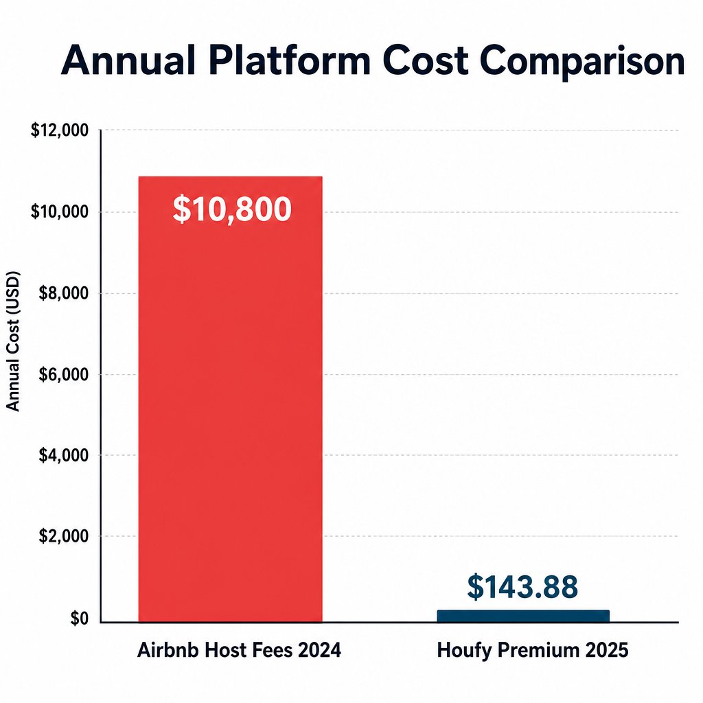 Bar chart comparing Airbnb host fees of $10,800 versus Houfy Premium annual subscription cost of $143.88 — annual platform cost comparison for vacation rental hosts