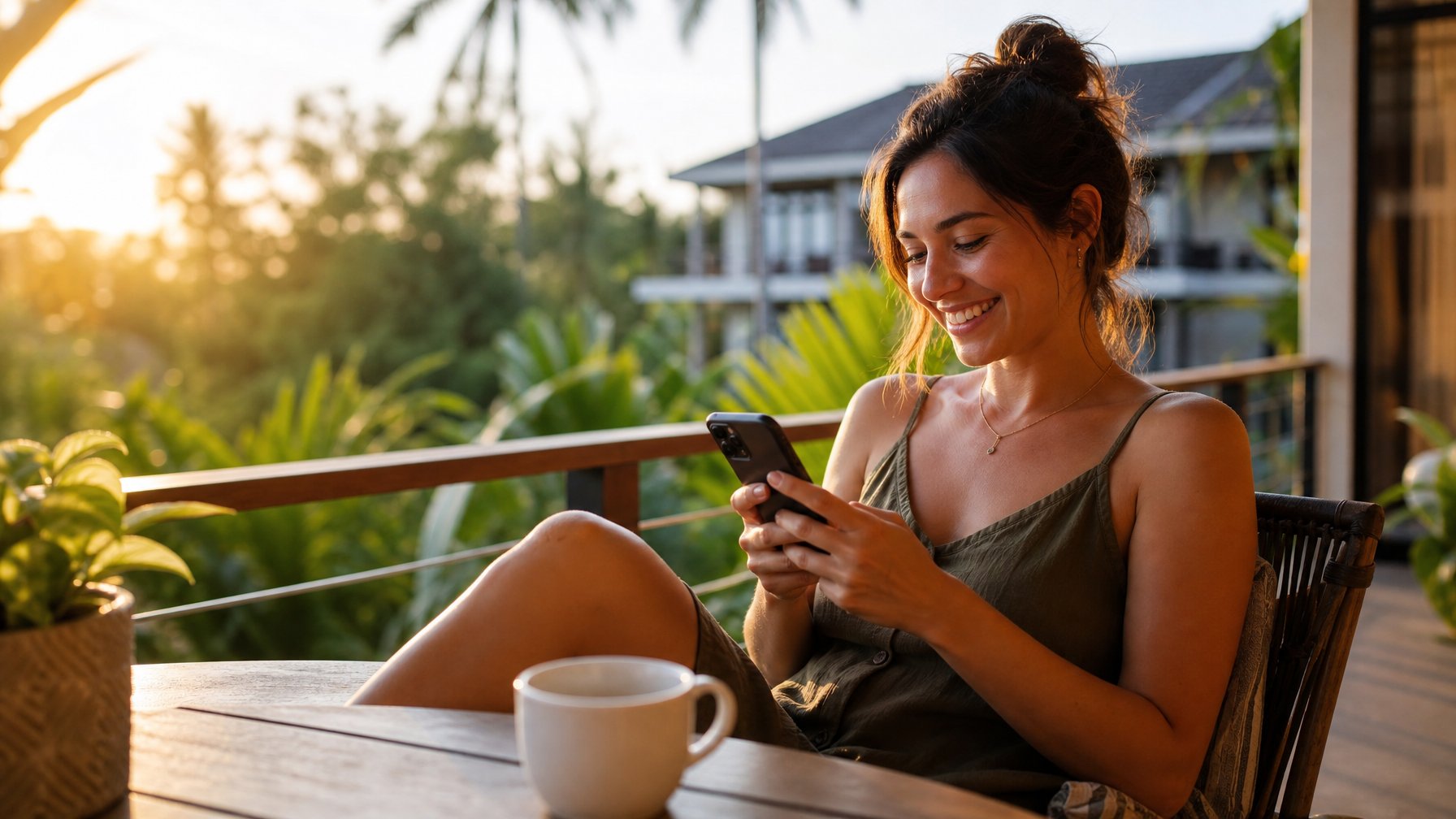 A smiling woman relaxing on a sunny vacation rental balcony, looking at her phone and typing a message to a friend, with a coffee cup on the table and lush greenery behind her
