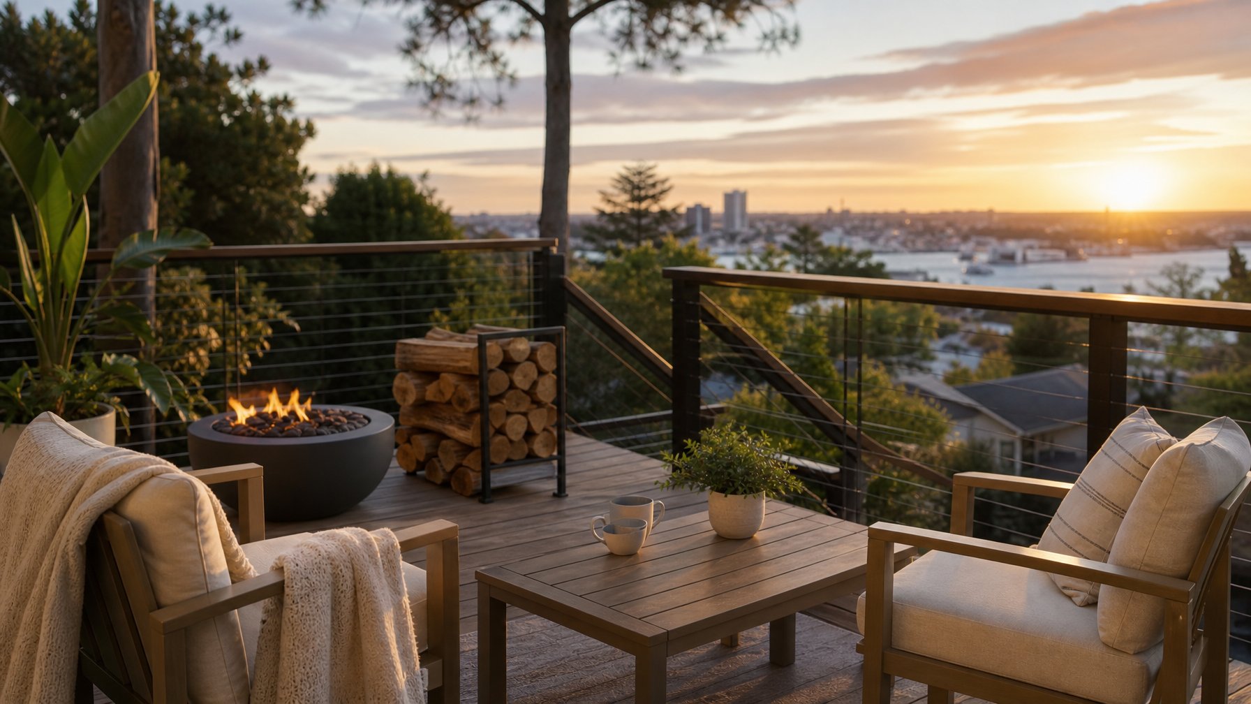 Vacation rental outdoor deck staged for listing photography — wooden chairs angled toward the view, coffee mugs on table, fire pit with stacked firewood in warm golden hour light