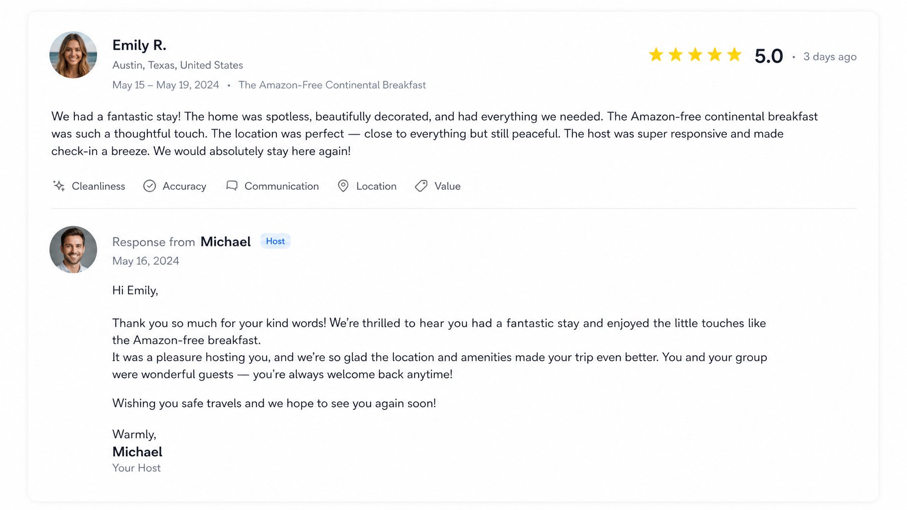 Screenshot mockup of a well-written 5-star vacation rental review response on a booking platform, showing personalized host text referencing specific guest details and stay highlights