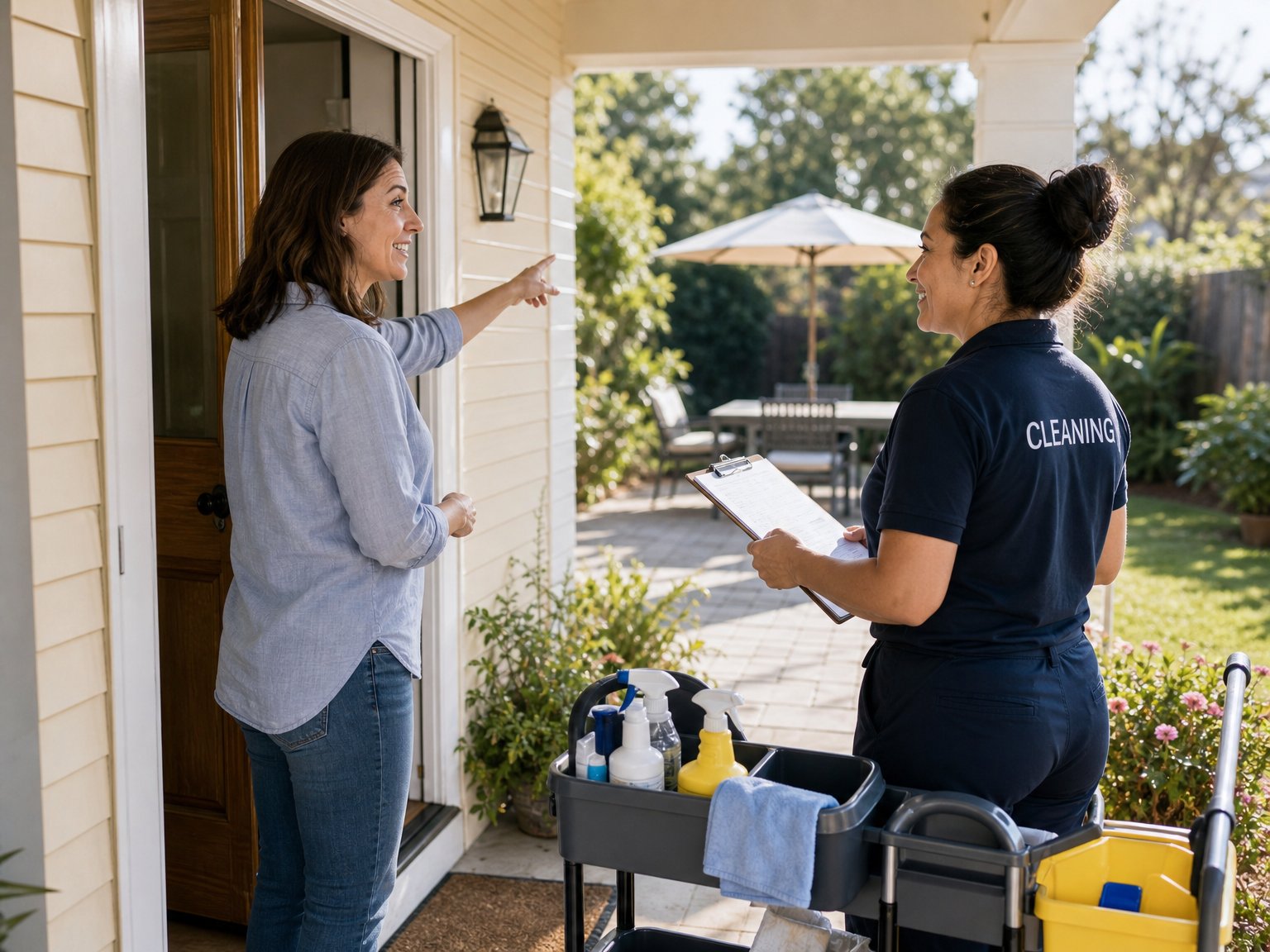 Vacation rental host briefing a cleaning crew team lead on event-specific cleaning needs at the property entrance