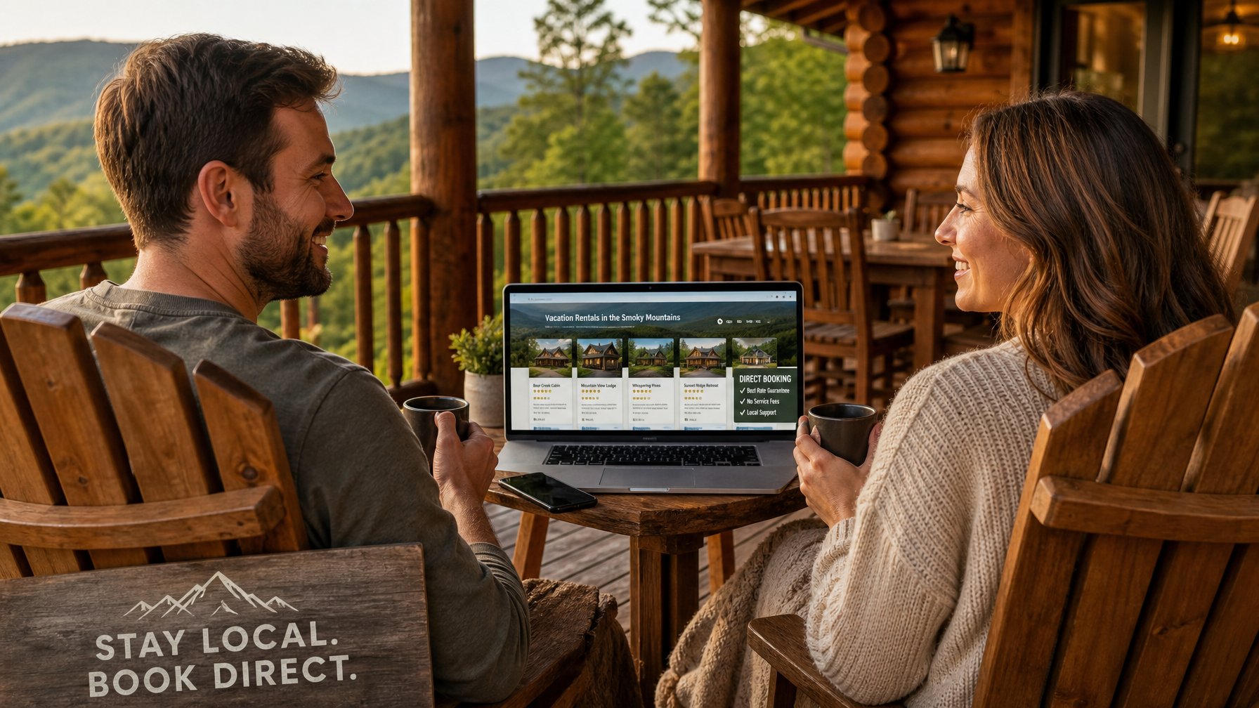 Couple booking a Smoky Mountains vacation rental direct on a cabin porch, laptop open with no-fee search results, lush forest views, Houfy direct booking
