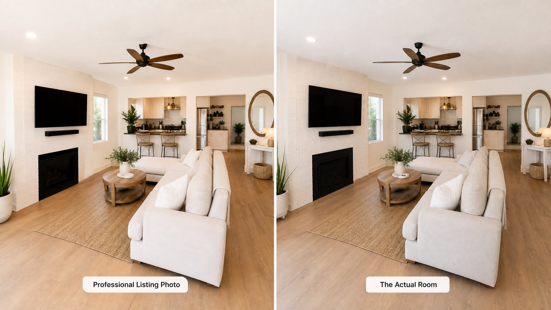 Split-screen comparison of a vacation rental listing photo perfectly matching the actual room — listing accuracy is the highest trust signal in 5-star vacation rental reviews