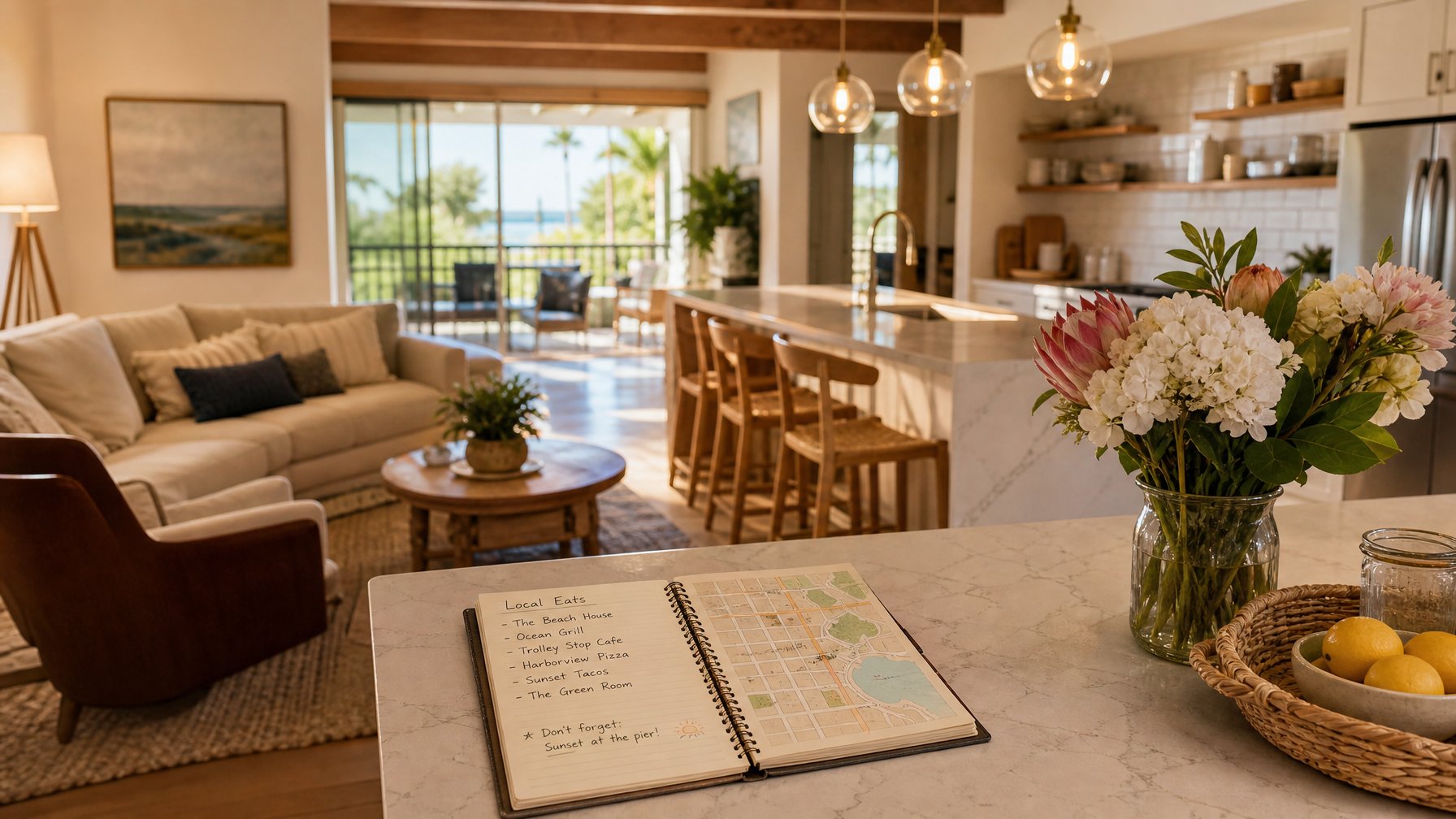 Vacation rental kitchen counter with a notebook showing hand-written local restaurant recommendations and a simple map — cozy interior with pendant lights