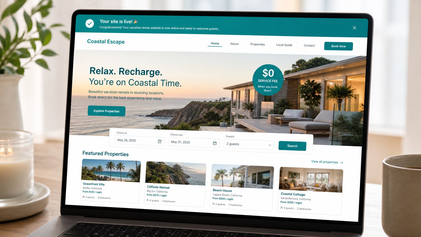 A vacation rental website going live after being built with Houfy AI in under 10 minutes, showing the published direct booking site on a laptop screen with a site is live confirmation banner