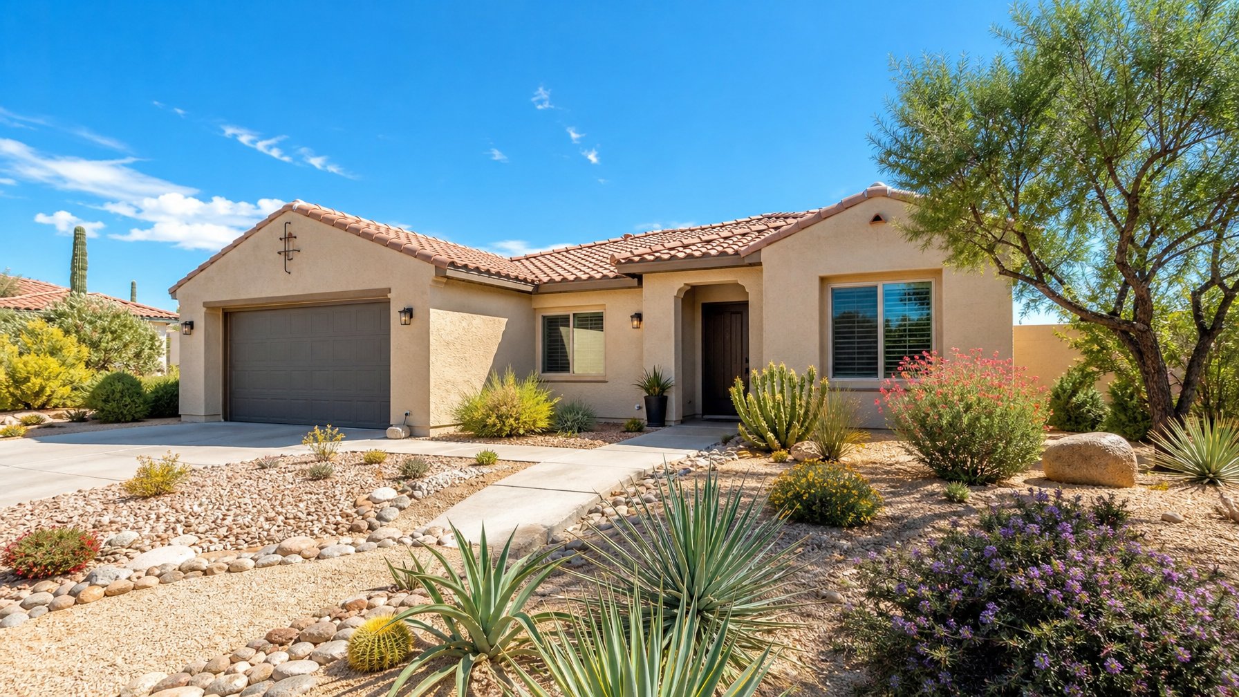 A welcoming vacation rental home exterior in a sunny US Southwest setting, representing host-friendly STR markets like Arizona where preemption laws protect hosts from local bans and license caps