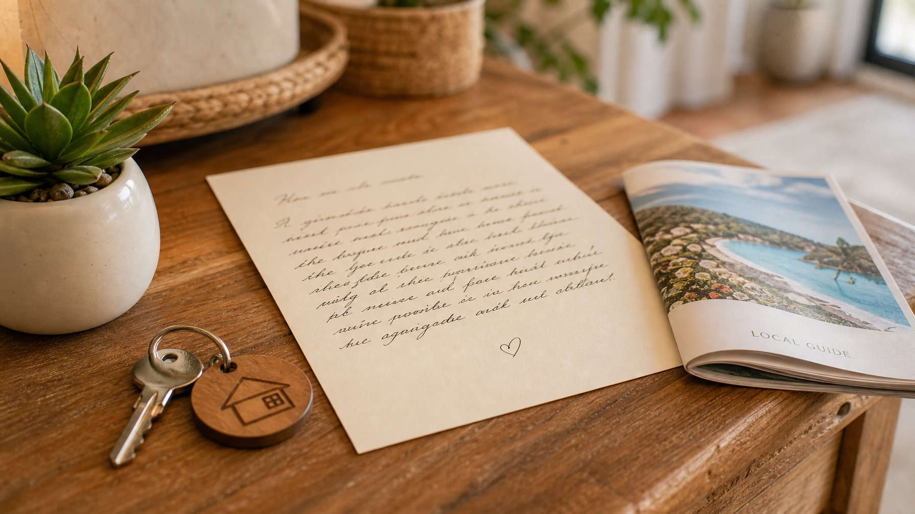 Handwritten welcome note on cream paper resting on a vacation rental entry table beside a house key, succulent plant, and folded local guide — a simple host touch that drives 5-star vacation rental reviews