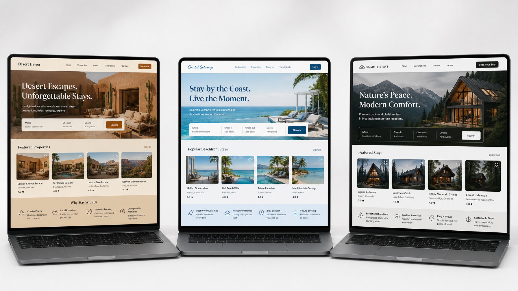 Three laptops side by side showing different template-based vacation rental website builders with varying layouts and color palettes