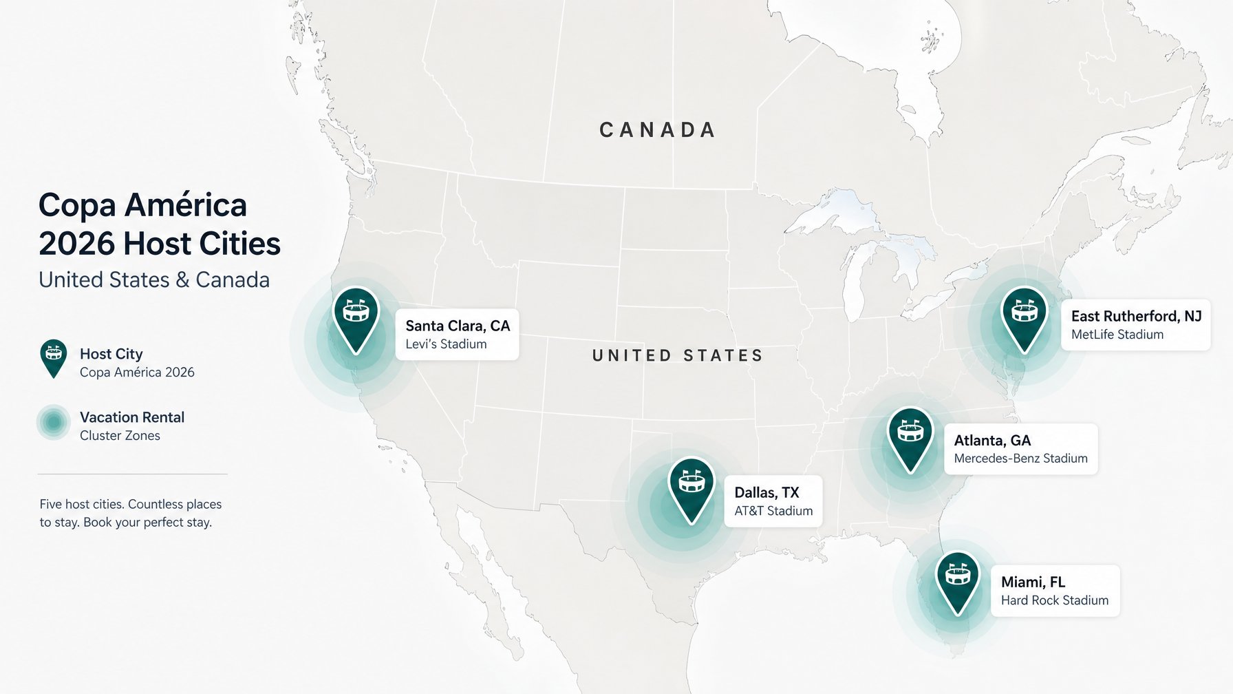 Infographic map of Copa América 2026 host venues across the US and Canada with vacation rental cluster zones marked near each stadium city