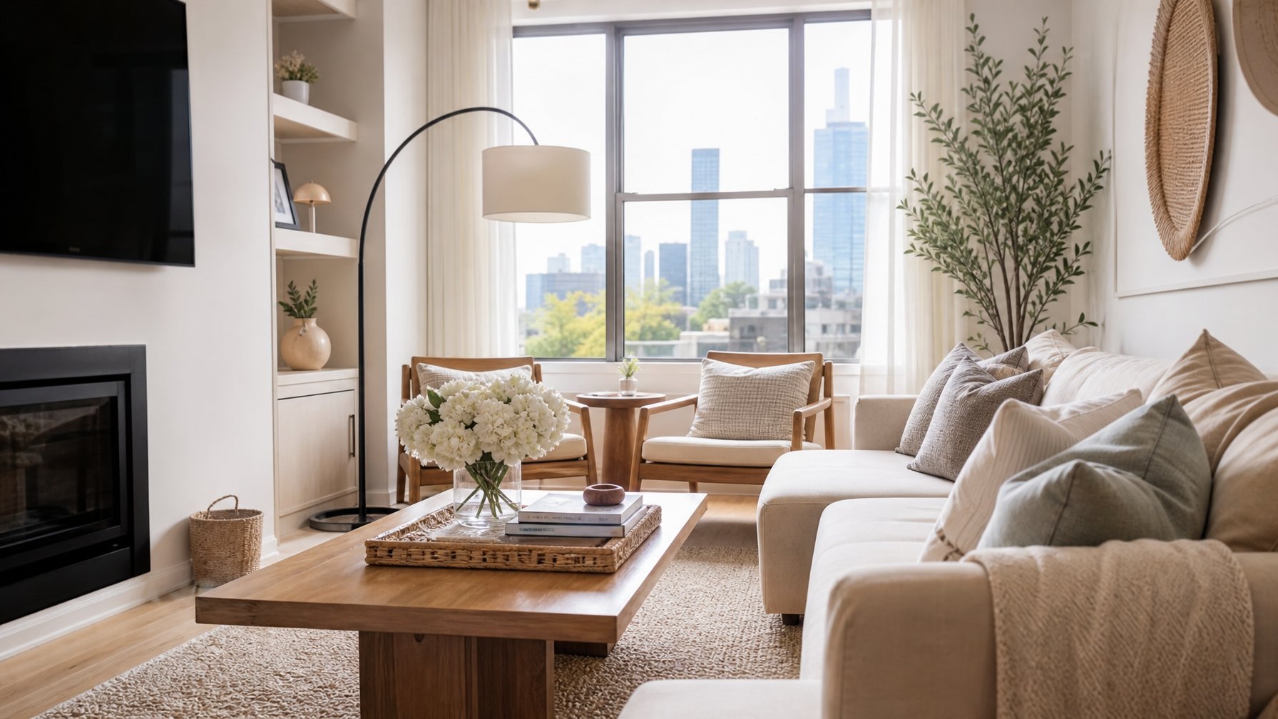 Staged vacation rental living room with minimal clutter, fresh white flowers in a vase, neatly arranged throw blanket, and natural light — perfect pre-shoot staging for vacation rental photography