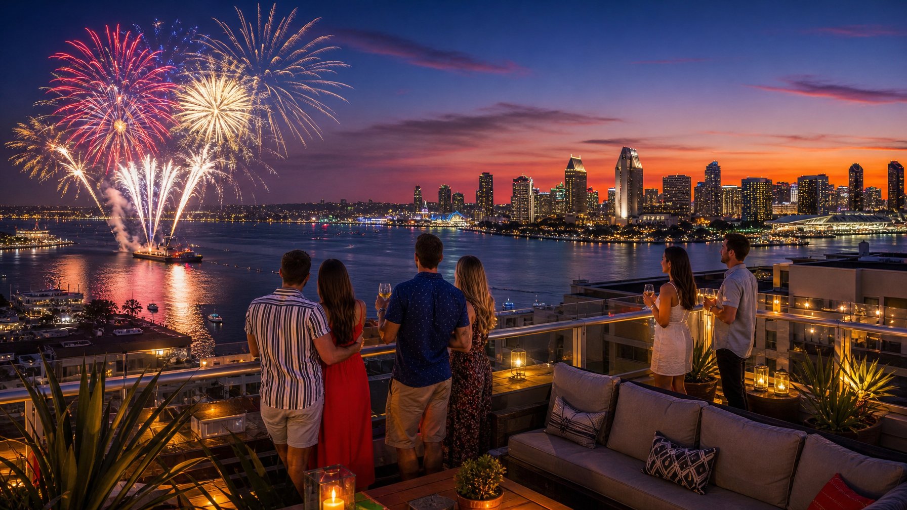 San Diego rooftop vacation rental deck overlooking San Diego Bay at dusk with 4th of July fireworks launching from barges over the water and the city skyline visible in warm evening light