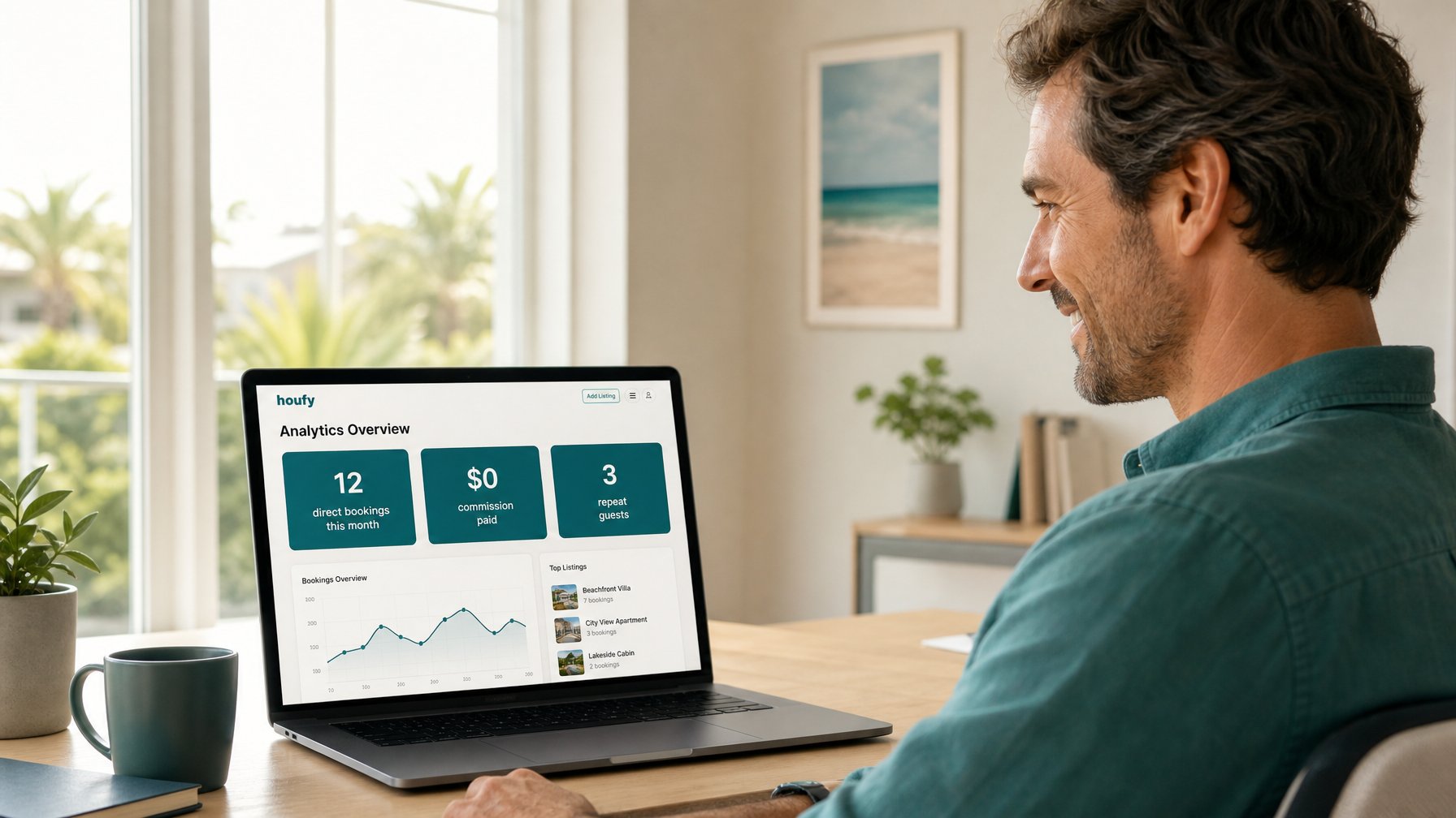 Vacation rental host reviewing direct booking website analytics on laptop showing repeat guests and zero commission revenue