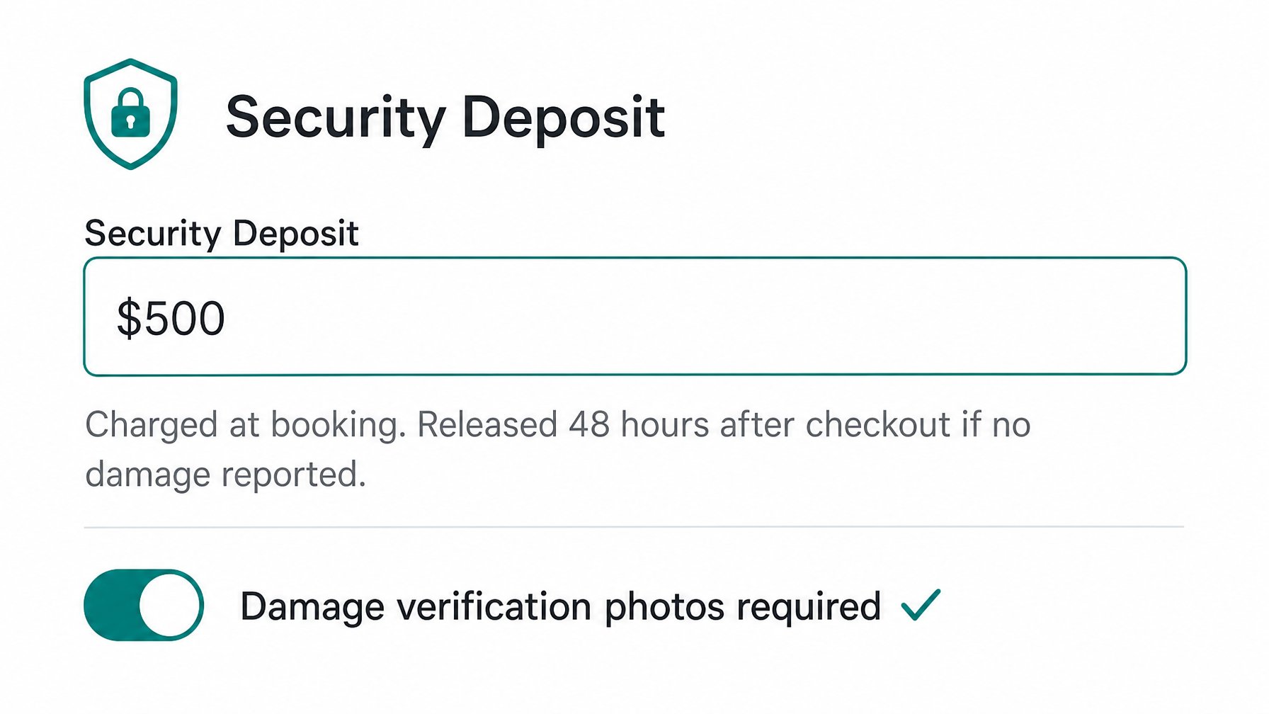 Vacation rental listing settings panel showing a $500 security deposit field and damage verification toggle, illustrating how direct booking hosts set their own deposit terms without OTA caps