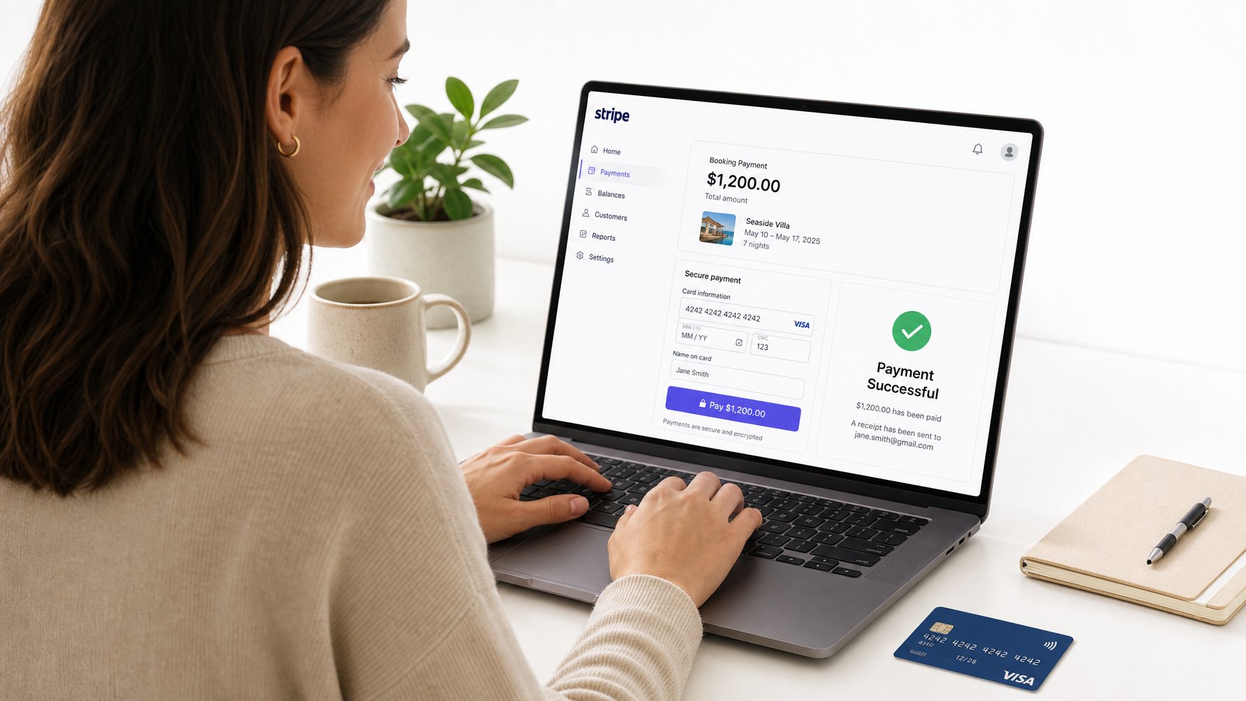 Vacation rental host processing a secure online payment through a Stripe-style payment dashboard on a laptop