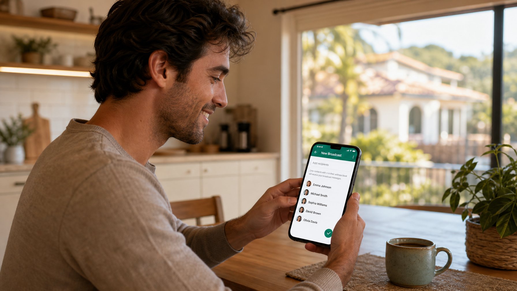 Vacation rental host composing a WhatsApp Broadcast List message to past guests on a smartphone, with a coffee cup and rental property visible in the background