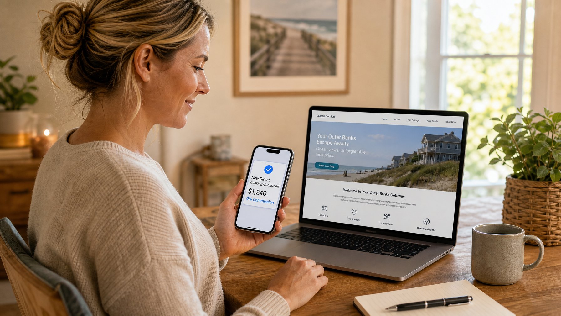 Vacation rental host receiving first direct booking confirmation on phone from their Houfy AI-built website with zero commission and transparent pricing