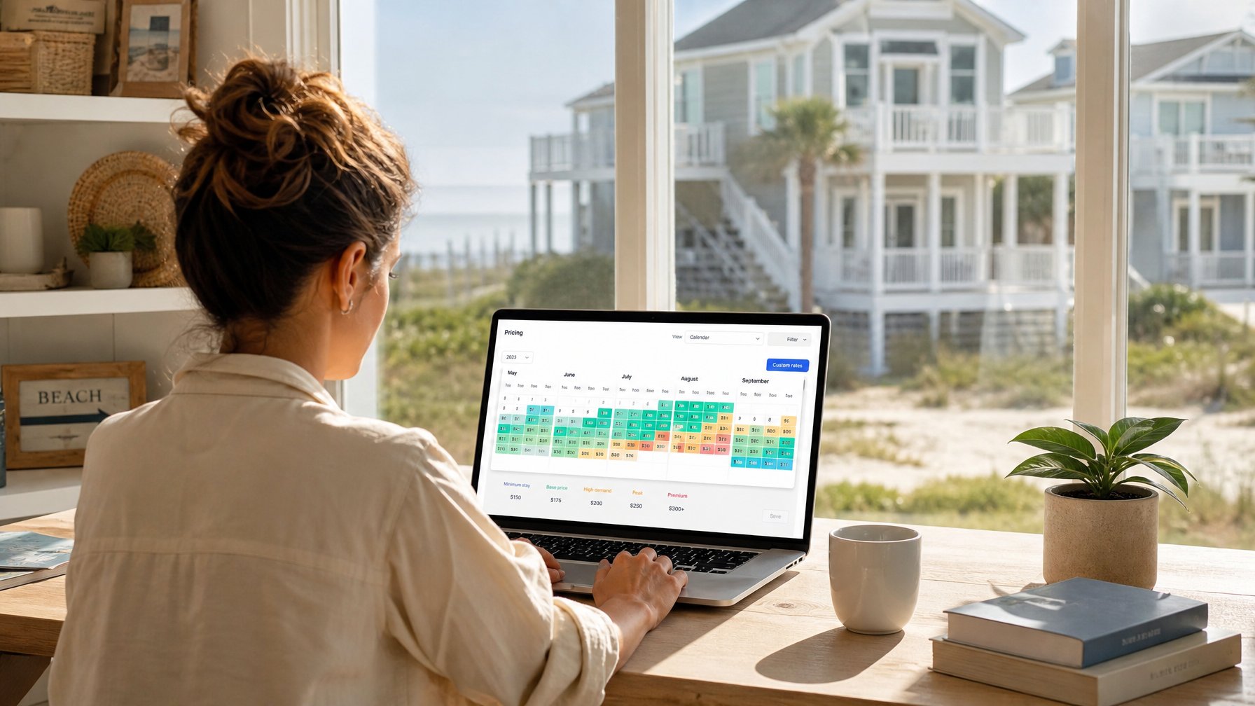 Vacation rental host reviewing a color-coded dynamic pricing calendar on a laptop at a beachfront property, using STR pricing software to set summer 2026 peak rates with PriceLabs or Wheelhouse