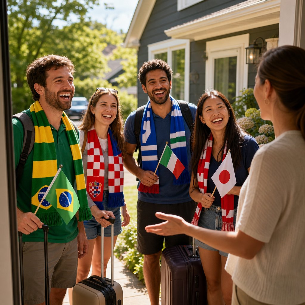 Vacation rental home with guest luggage on the porch representing peak STR demand during FIFA World Cup 2026 for direct booking hosts in US host cities
