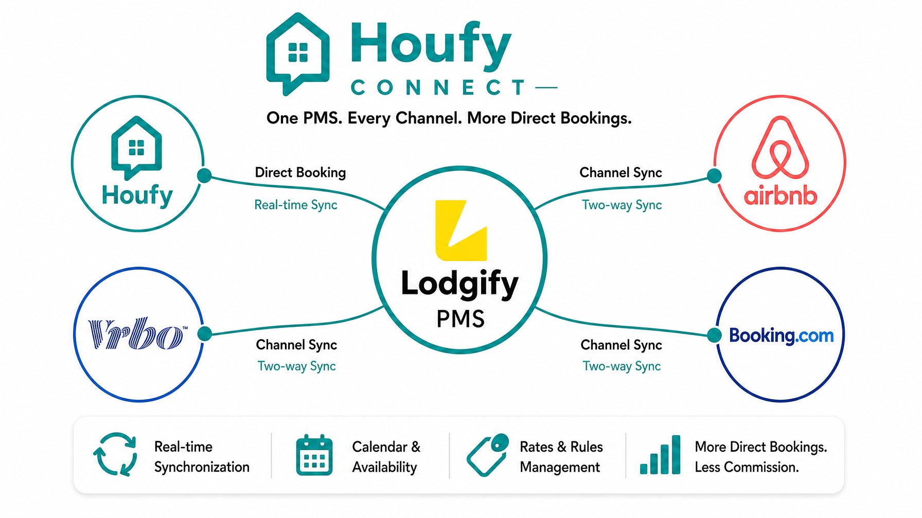 Houfy Connect hub-and-spoke diagram showing Lodgify PMS at the center syncing directly with Houfy for fee-free direct bookings, plus two-way channel sync with Airbnb, Vrbo, and Booking.com — manage all channels in one place on Houfy