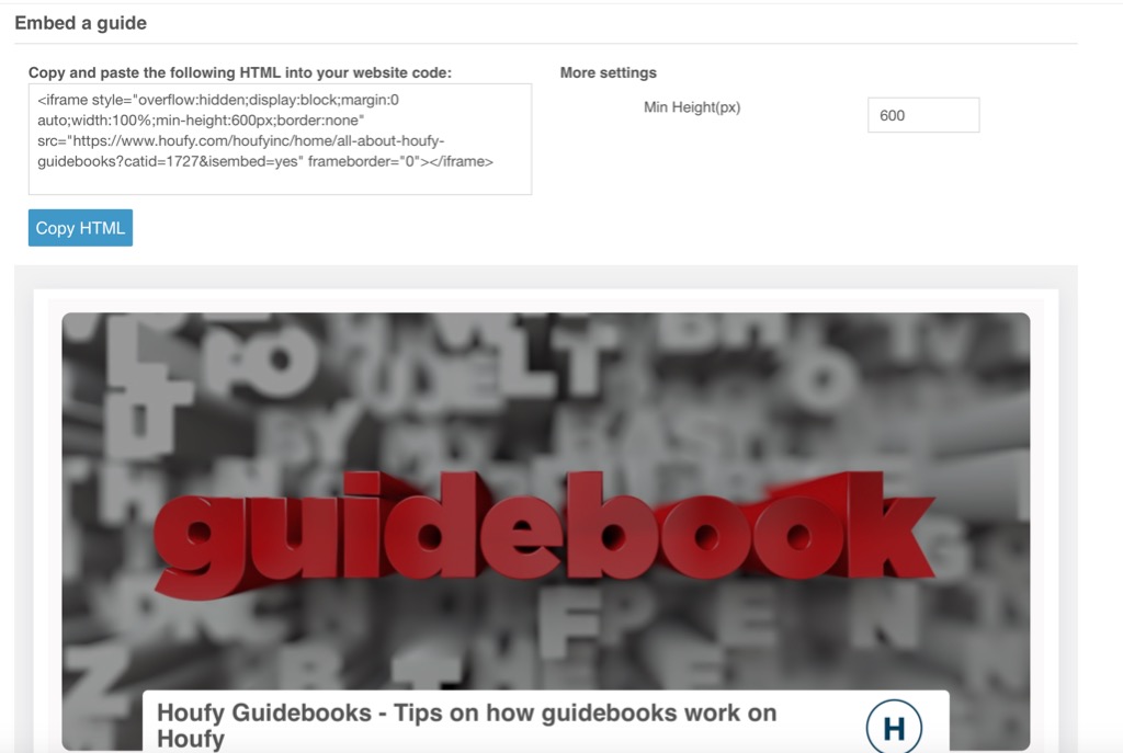 Houfy and widgets/embed codes: for Pictures/Calendar/Reviews/Pricing and Guides