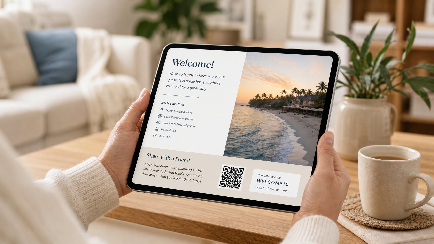 A host holding an iPad showing an open digital guest welcome book with a Share with a Friend referral section and QR code visible on screen