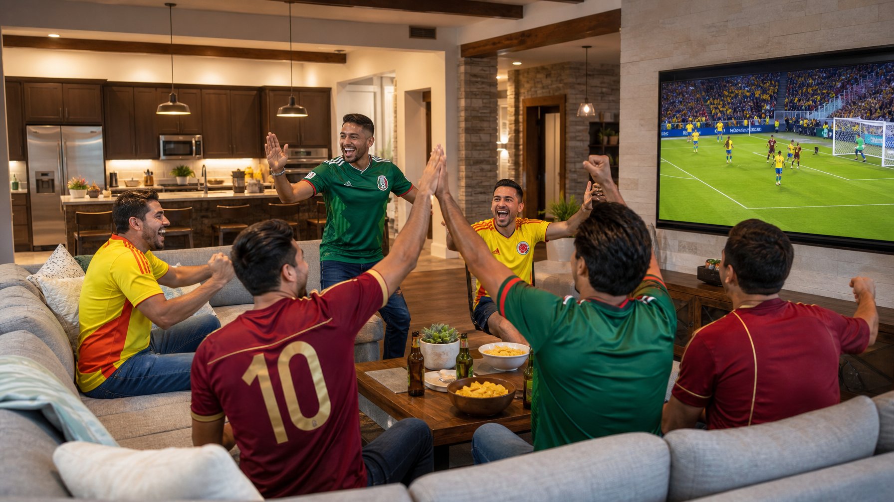 Dallas Texas vacation rental living room with six Copa América fans in Colombian Venezuelan and Mexican jerseys watching a match on a large TV cheering with the open-plan kitchen visible in the background
