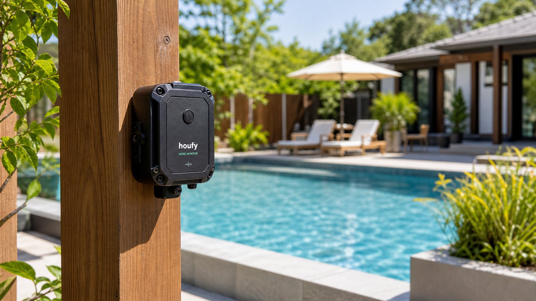 Outdoor vacation rental noise monitor mounted on a wooden post overlooking a luxury swimming pool — weatherproof sensor for STR noise compliance