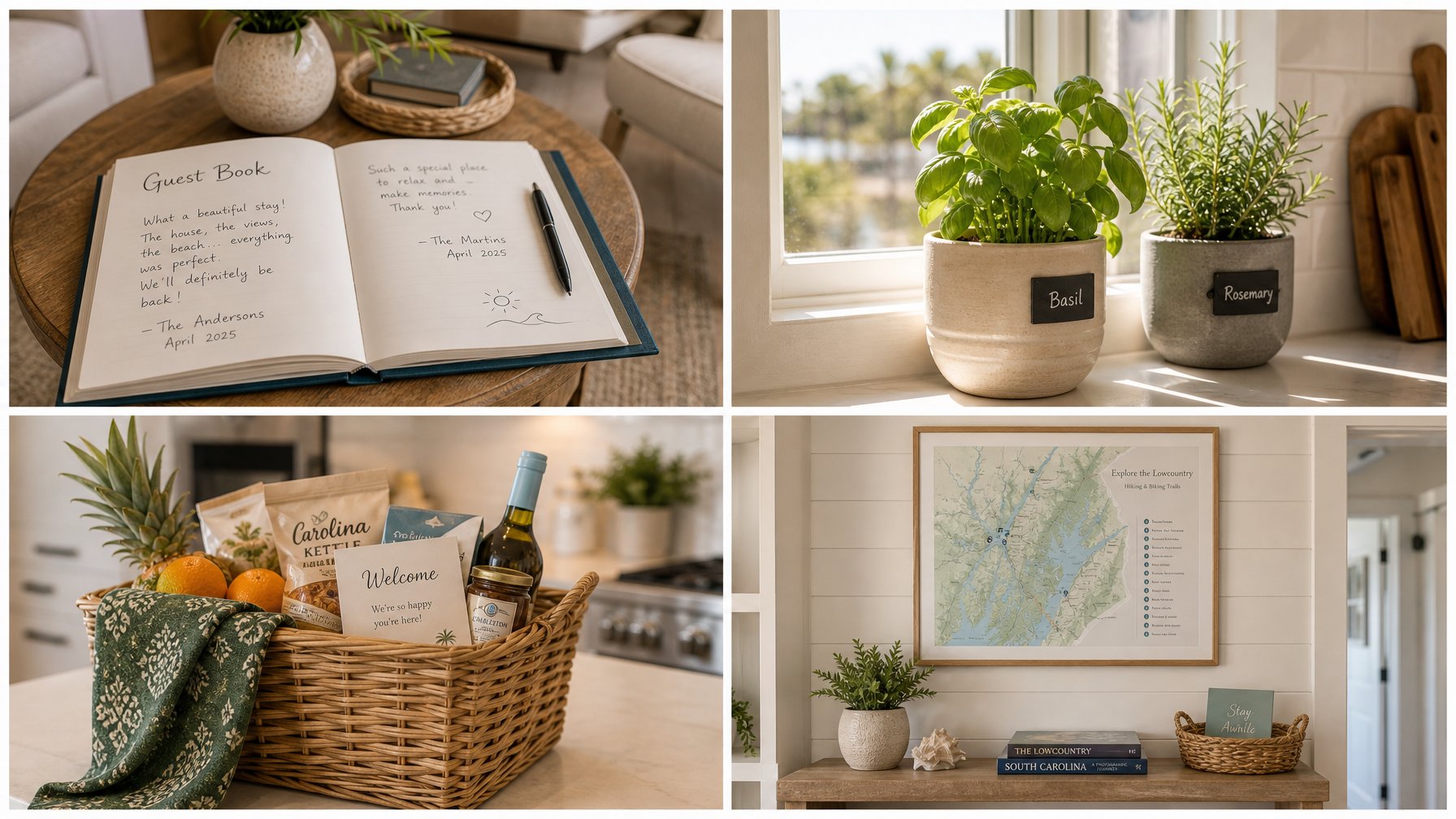 Four vacation rental detail shots in a quad layout: guest book open on coffee table, fresh herb pots on sunny windowsill, welcome basket with local produce on kitchen counter, framed trail map on wall