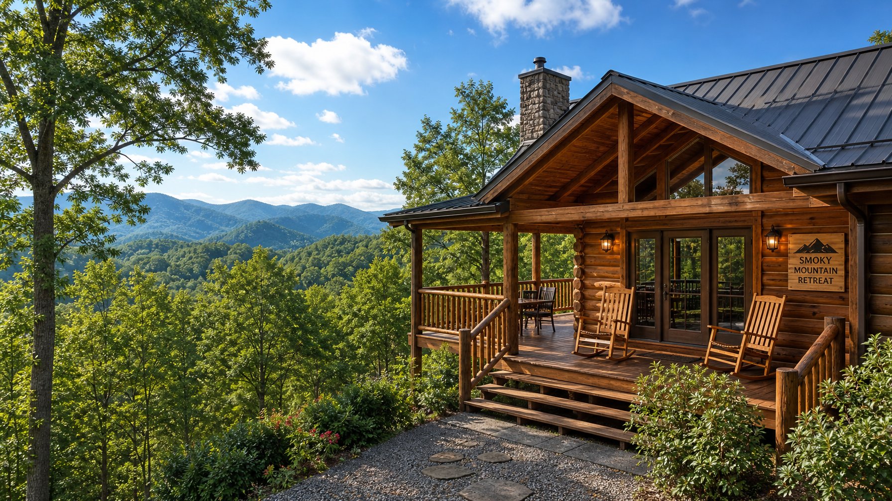 Sevierville Tennessee vacation rental cabin with front porch rocking chairs and Great Smoky Mountains views — affordable direct booking alternative to Gatlinburg