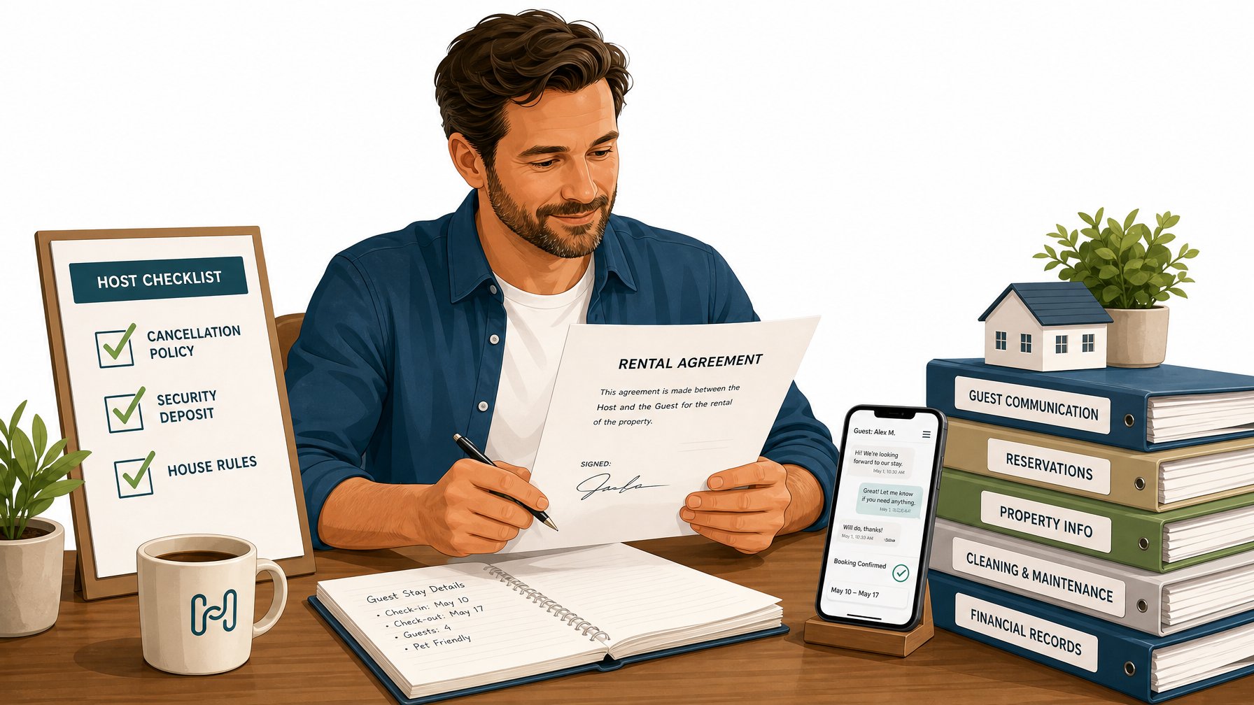 Vacation rental host reviewing a signed rental agreement and organized chargeback protection documentation checklist
