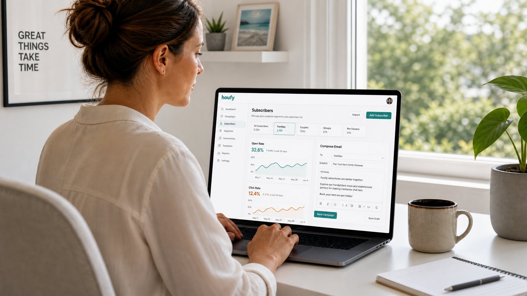 email marketing dashboard showing segmented vacation rental guest lists with open rate analytics