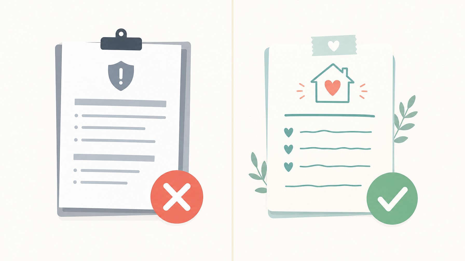 Side-by-side comparison of punitive vs. positive vacation rental house rules language