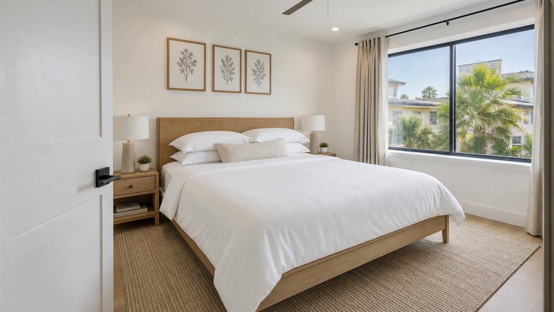 Vacation rental primary bedroom photographed from doorway — crisp white duvet, stacked pillows, soft natural window light, no clutter — ideal bedroom shot for STR listing photography
