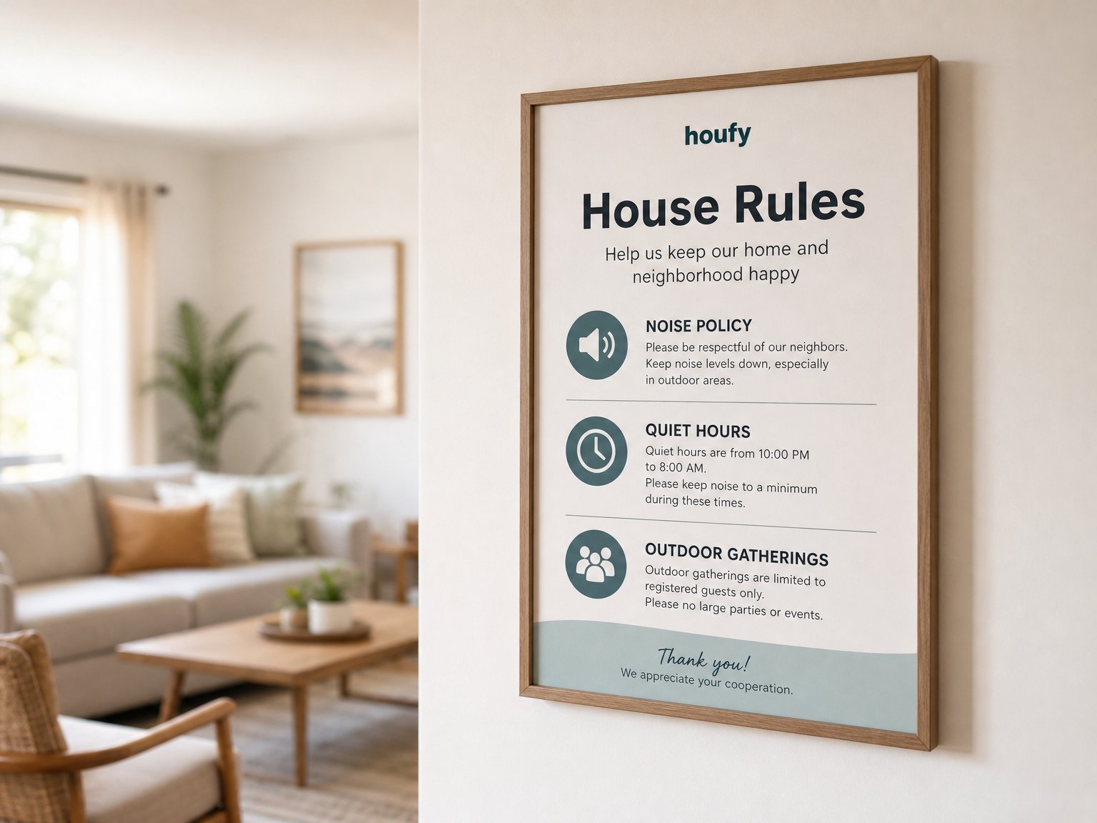Framed vacation rental house rules poster with noise policy and quiet hours section highlighted, mounted on a white wall inside a modern short-term rental property
