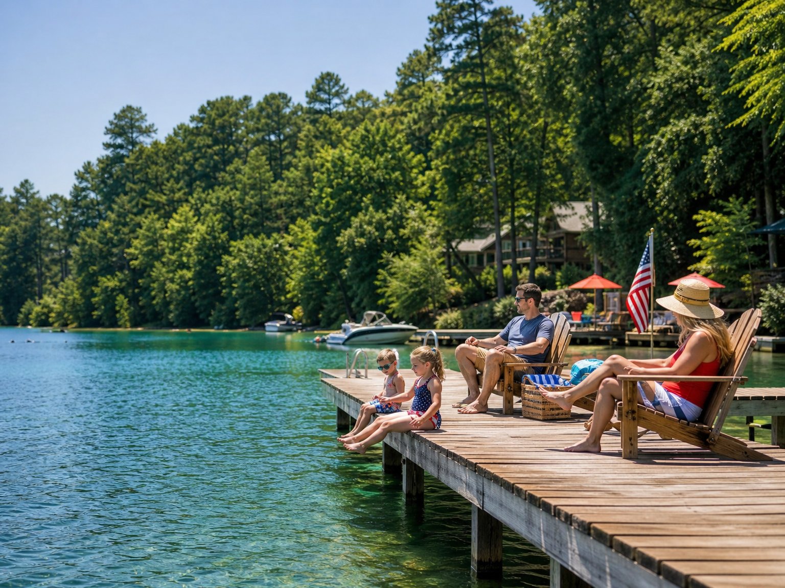 Lake Martin Alabama vacation rental with a private dock, clear water, and a family relaxing on the 4th of July